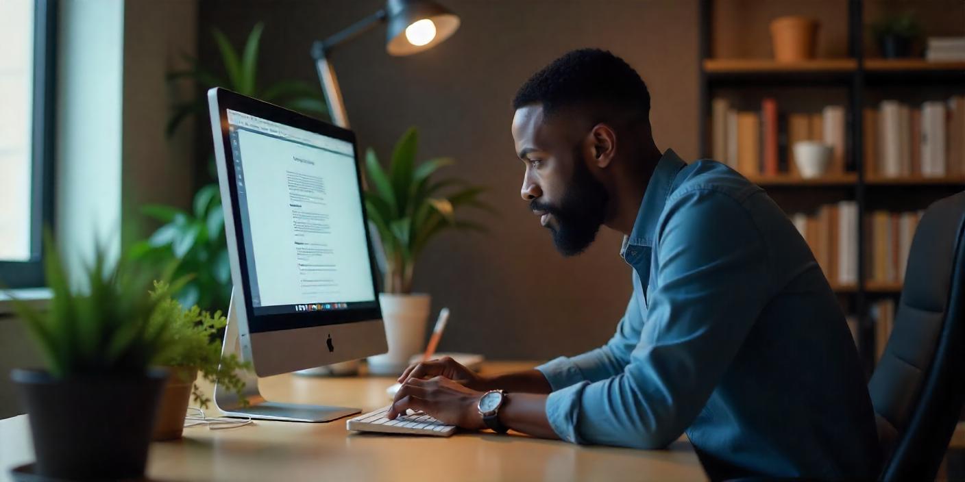 A dedicated author using a desktop computer in a cozy, plant-filled workspace to edit an eBook. The environment features a warm desk setup with bookshelves in the background, highlighting the process of eBook creation and editing using modern tools like EbookMaker.