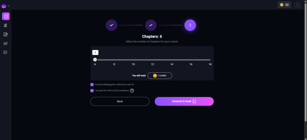 Image of step 3 in the ebook creation process, showing a slider to select the number of chapters, options to include bibliographic references, and a button to generate the ebook.