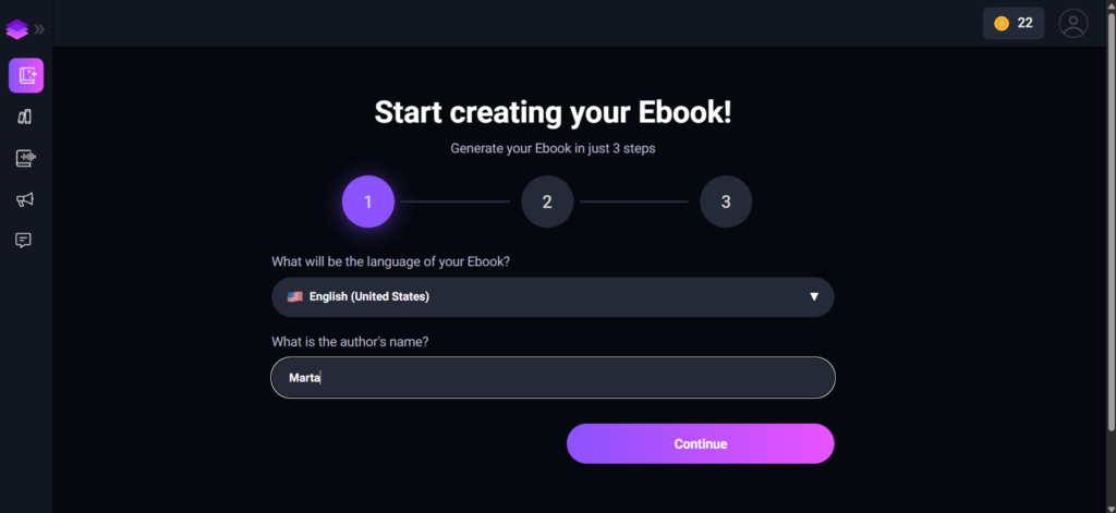 Image of an interface for creating an ebook in three steps, showing options to select the ebook language and author’s name.