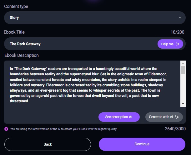 Ebookmaker printscreen showing the panel with ebook title and description generated by AI