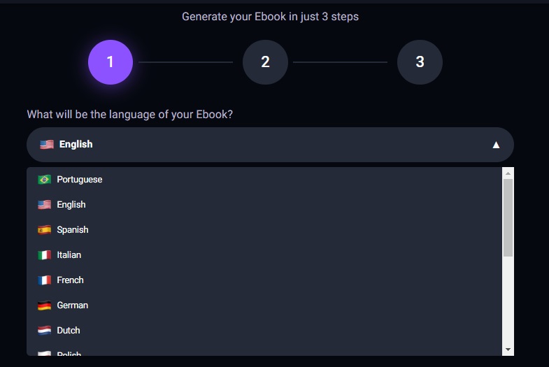 Ebookmaker printscreen with different language options