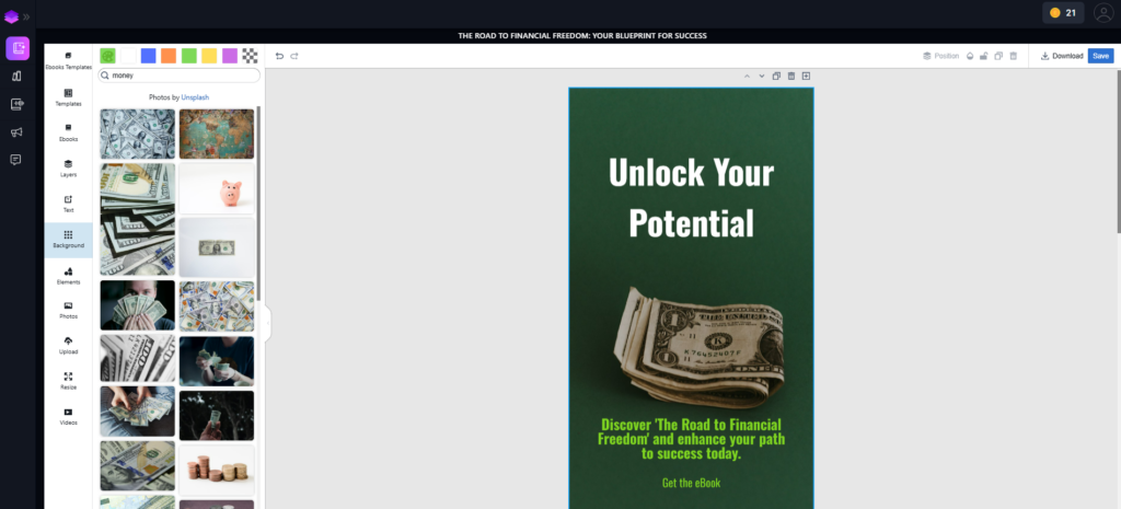 Interface showcasing template options for designing ebook promotional materials, with a preview of the ebook 'Unlock Your Wealth' featuring the cover of 'Master Your Money: A Practical Guide to Financial Freedom.