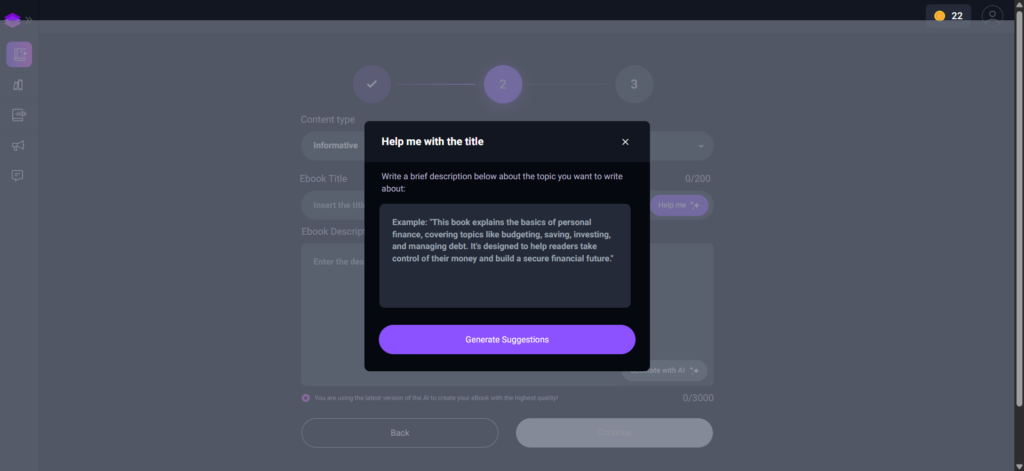 Popup interface titled 'Help me with the title,' providing an example description for generating ebook title suggestions, with a 'Generate Suggestions' button highlighted in purple.