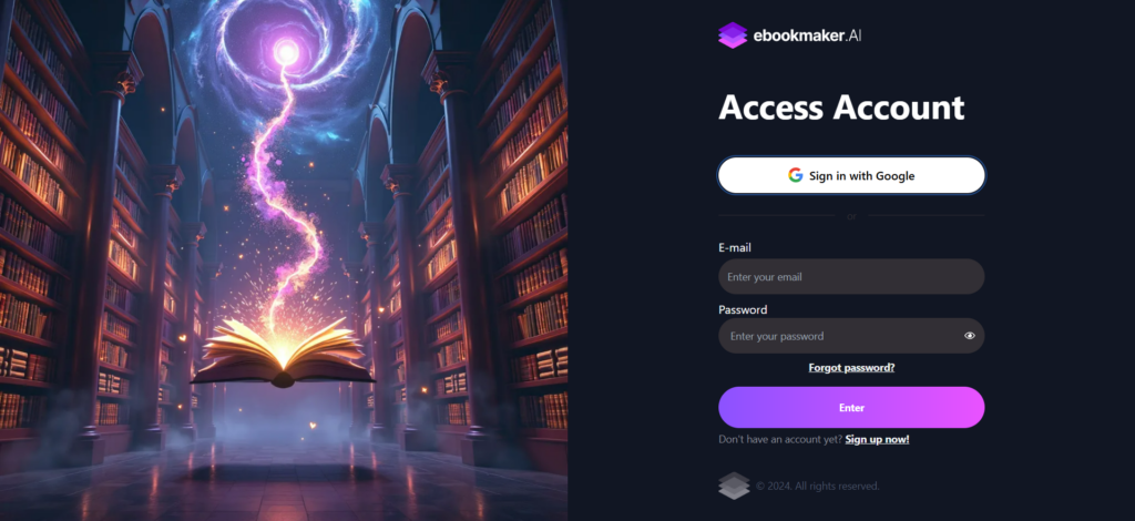 EbookMaker login screen featuring a floating book in a magical library with a glowing portal in the sky.