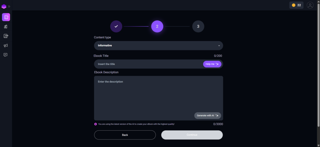 Screenshot of step 2 in the ebook creation process, allowing users to select content type, insert the ebook title, and add a description.
