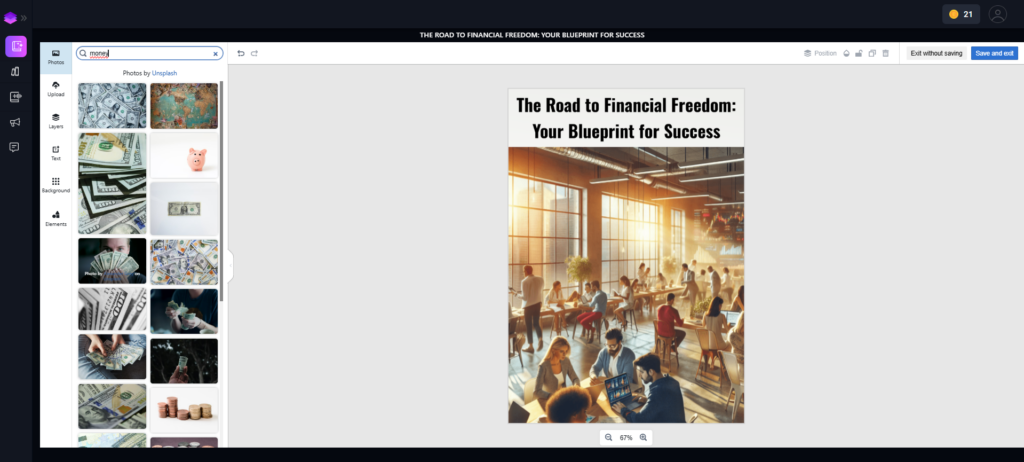 Interface showing the ebook cover editor with options to upload or choose images, and a preview of the cover for 'Master Your Money: A Practical Guide to Financial Freedom.