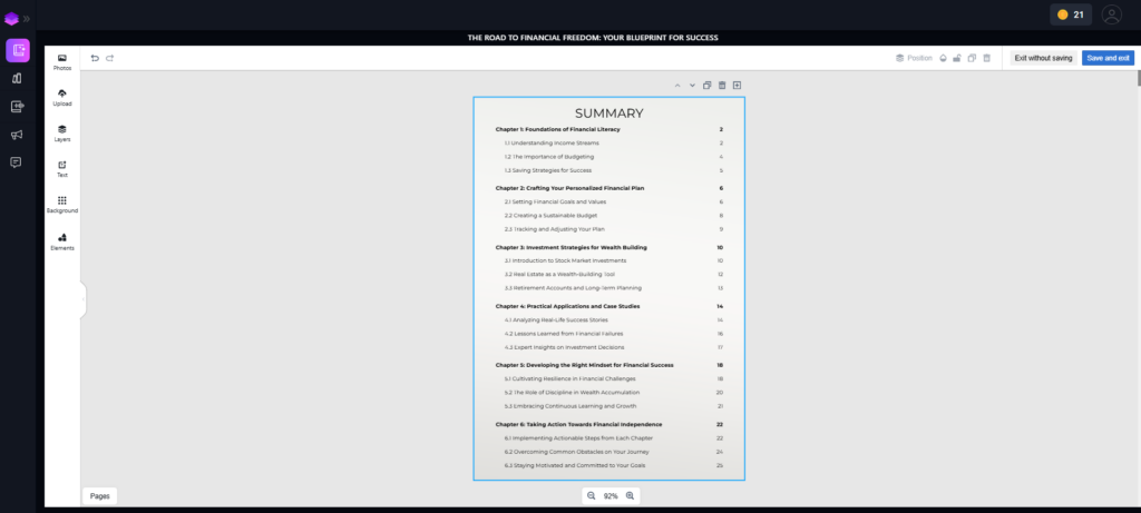 Interface displaying the summary page of an ebook in the editor, showing a detailed table of contents for chapter organization.