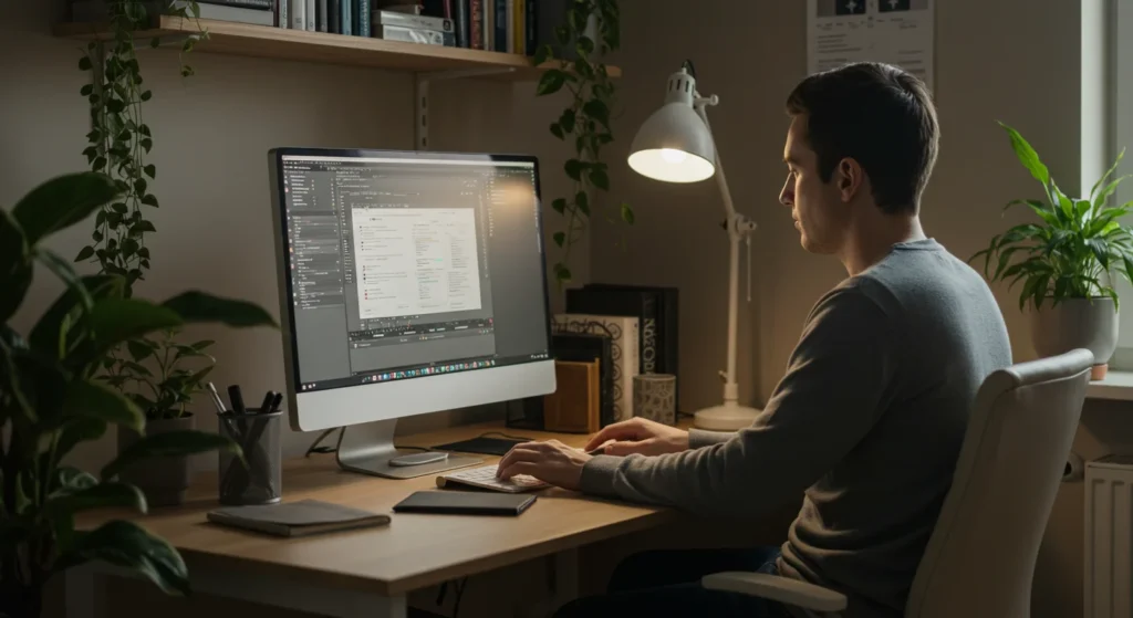 Man sitting at a table, using a computer, focused on his work activities.