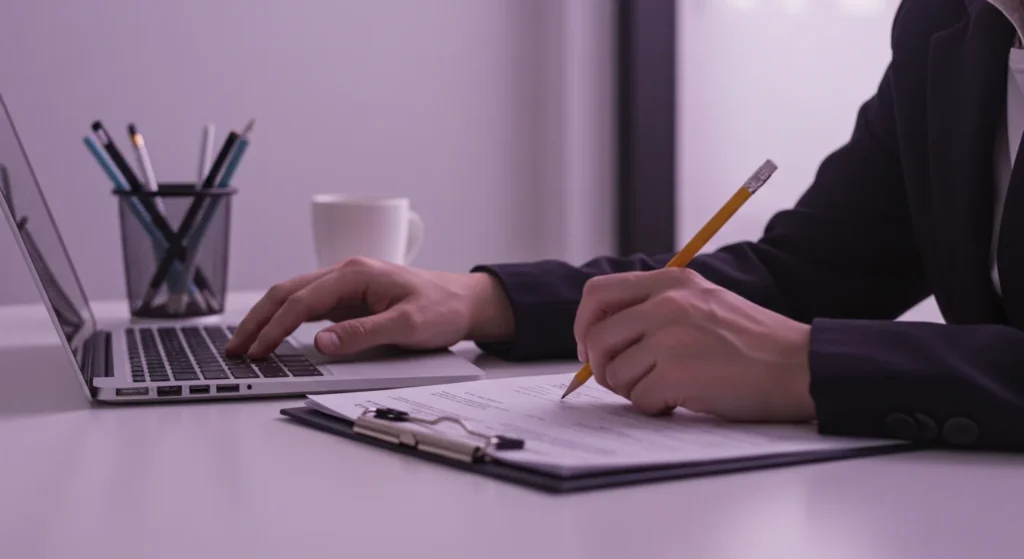 Image of a person working at a desk, one hand typing on a laptop keyboard and the other holding a pencil, symbolizing multitasking and the balance between digital and manual work in a professional setting. The background features soft lighting, creating a focused and productive atmosphere.