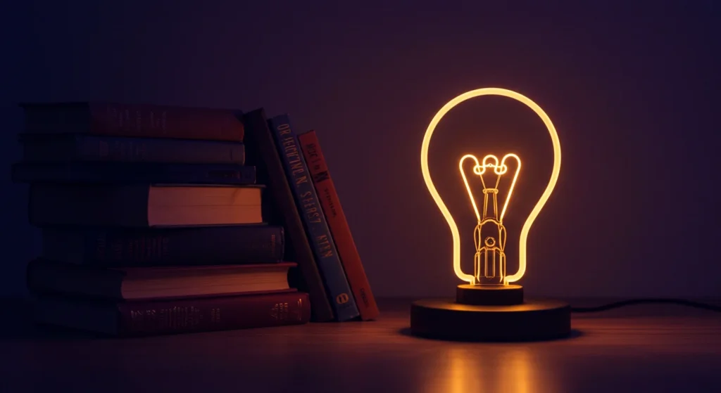 a lamp representing an idea and behind it several stacked books . The image has purple tones