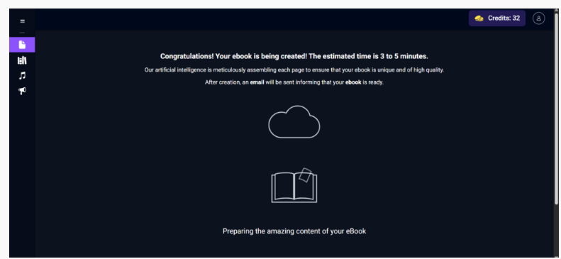 Interface displaying a message: 'Congratulations! Your ebook is being created! The estimated time is 3 to 5 minutes,' with a cloud and book icon, indicating the ebook generation process is underway.