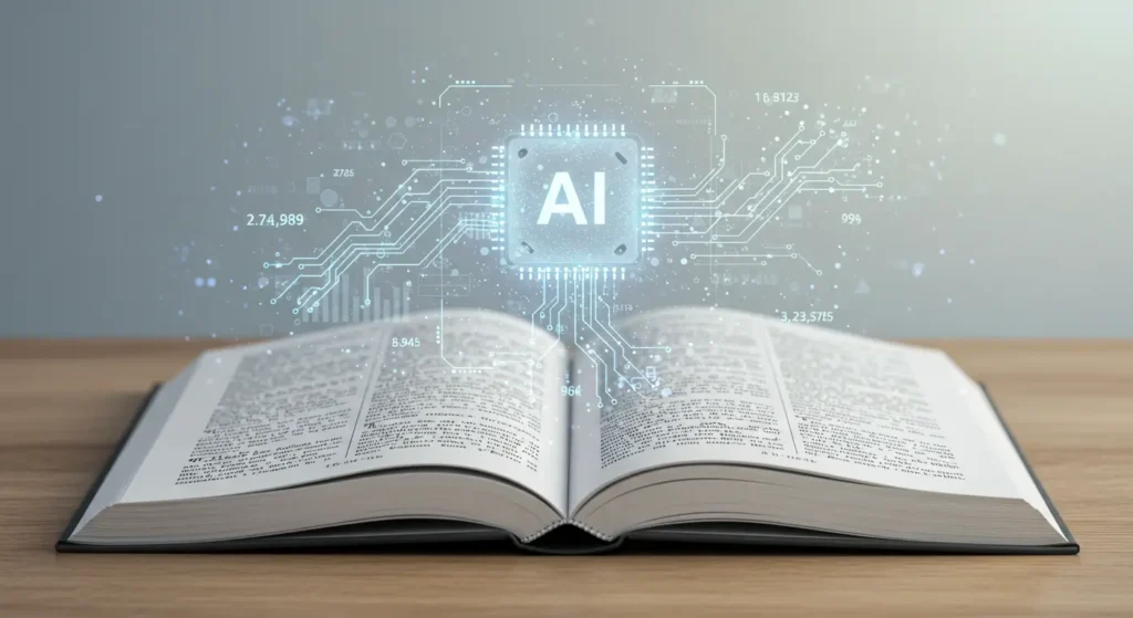 Image of an open book presenting the concept of AI with the corresponding symbol.