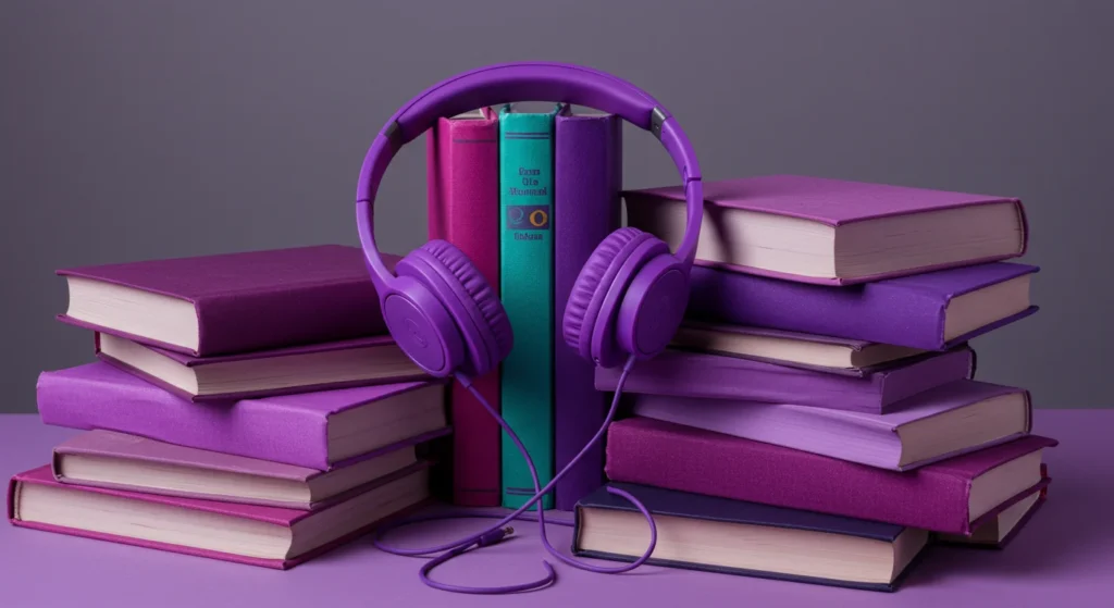 a group of book with a headphone . An image with purple tons and vibrant colors