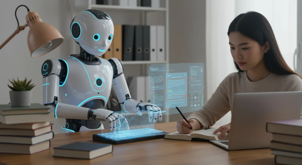 A robot helping a person write a book