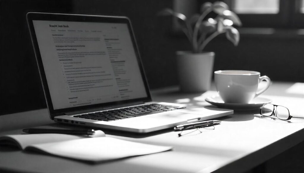 Black-and-white image of a workspace featuring a laptop with an open document, a cup of coffee, a pair of glasses, and a notebook with a pen, placed on a desk with natural light filtering through a window and a potted plant in the background, evoking focus and productivity.