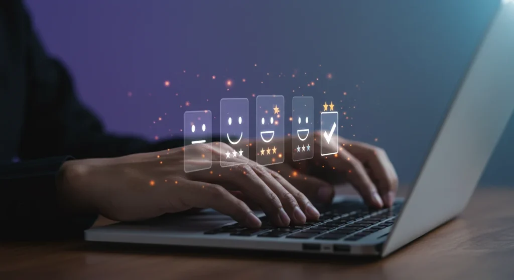 Image of hands typing on a laptop keyboard with overlaid icons of smiley faces, checkboxes, and star ratings, symbolizing user feedback, satisfaction, and digital engagement in a service or product review context.