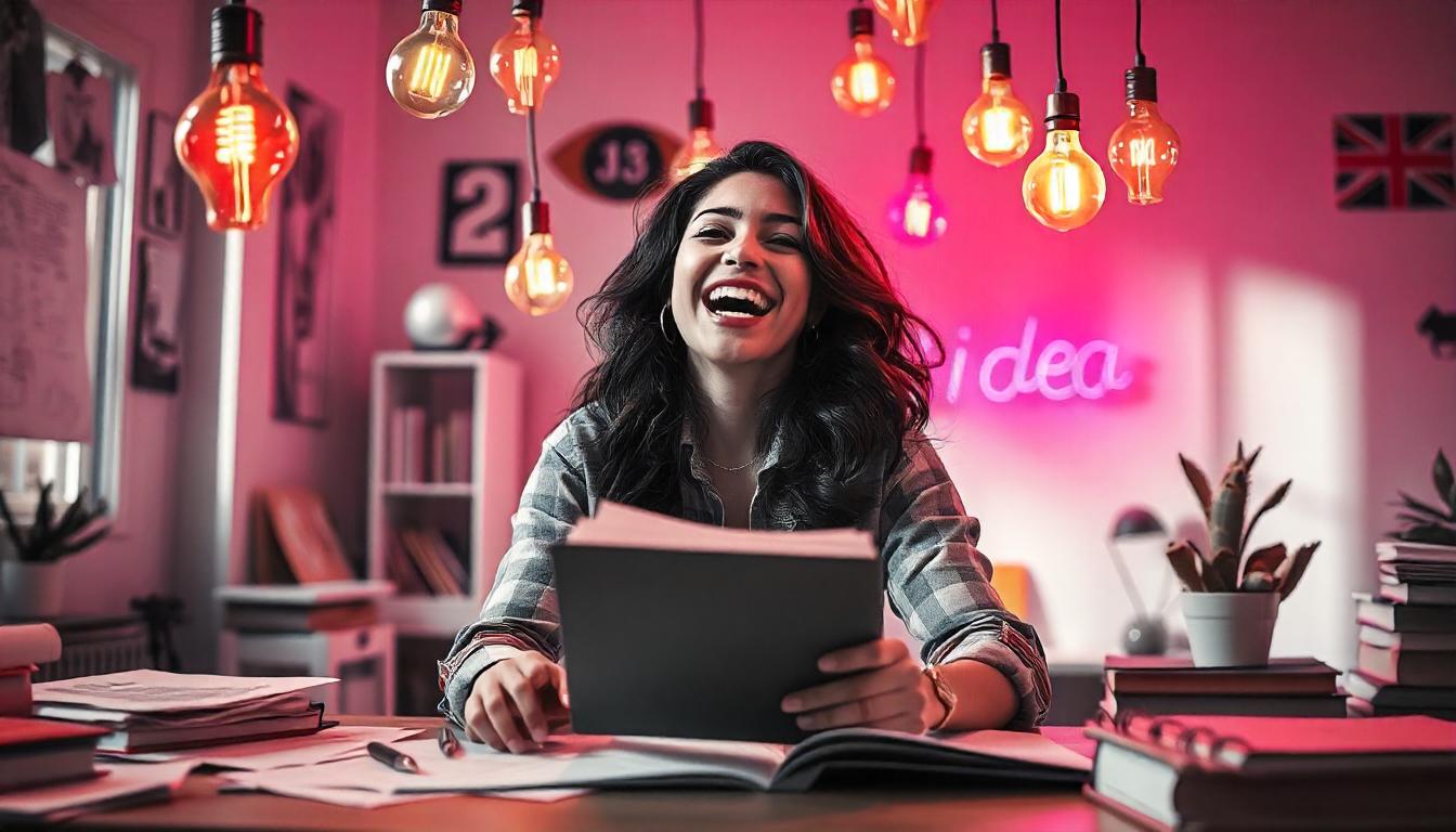 mulher feliz segurando um caderno escrevendo suas ideias