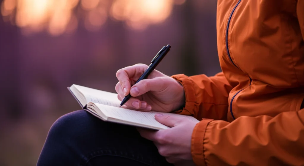 Person wearing an orange jacket writing in a notebook while sitting outdoors