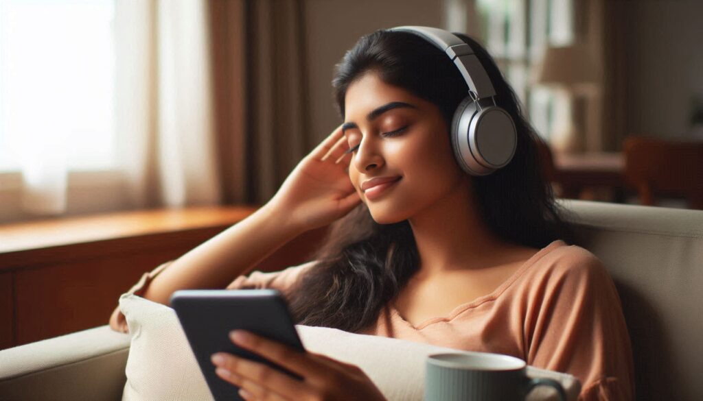 mulher ouvindo audiobook com fones de ouvido sentada em sofá em casa