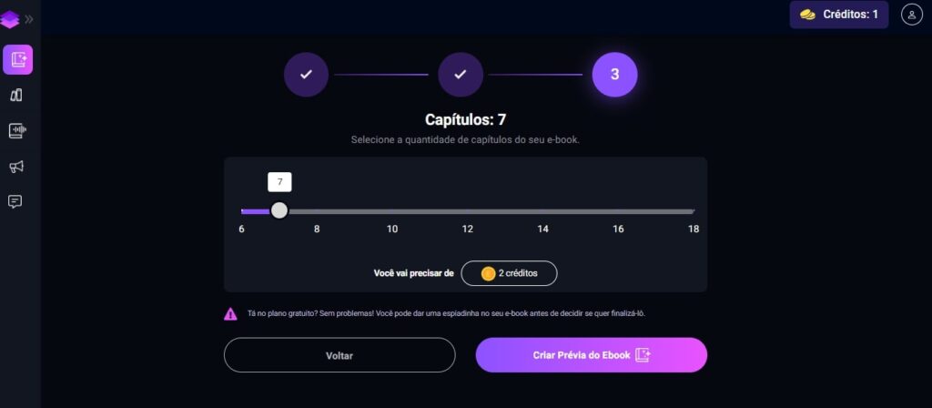 printscreen da Ebookmaker mostrando a área de seleção de quantidade de capítulos