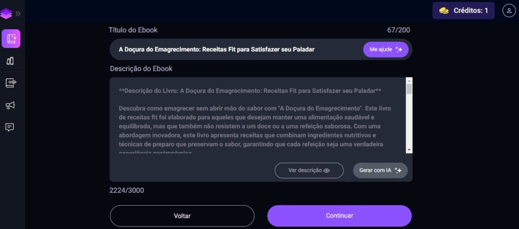 printscreen da Ebookmaker mostrando a descrição do ebook criada com inteligência artificial