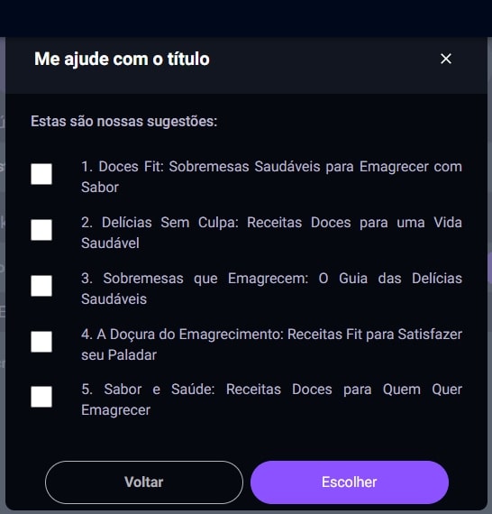 printscreen da Ebookmaker sugerindo ideias de títulos com inteligência artificial