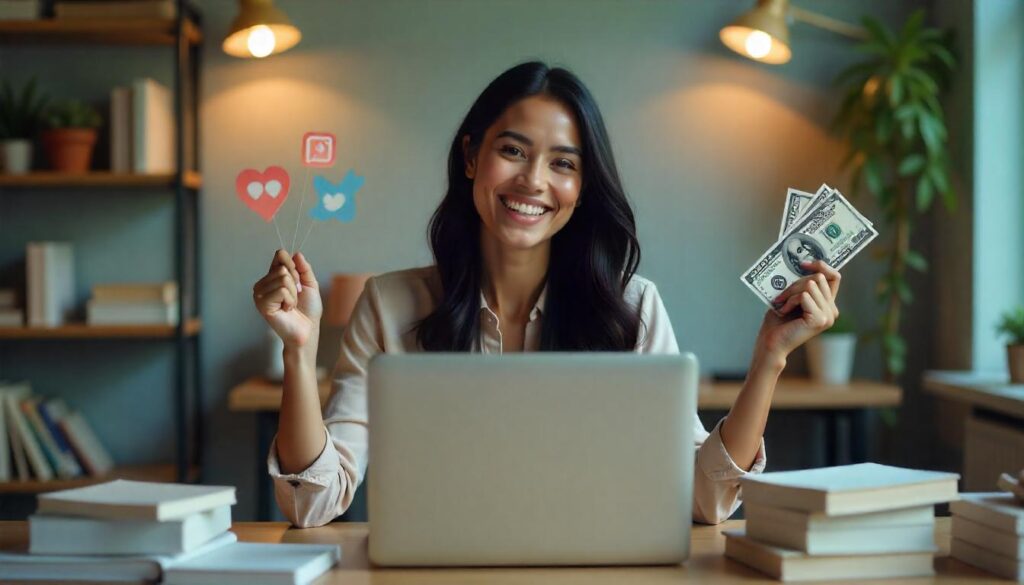 mulher segurando dinheiro sentada em frente ao computador promovendo seu ebook