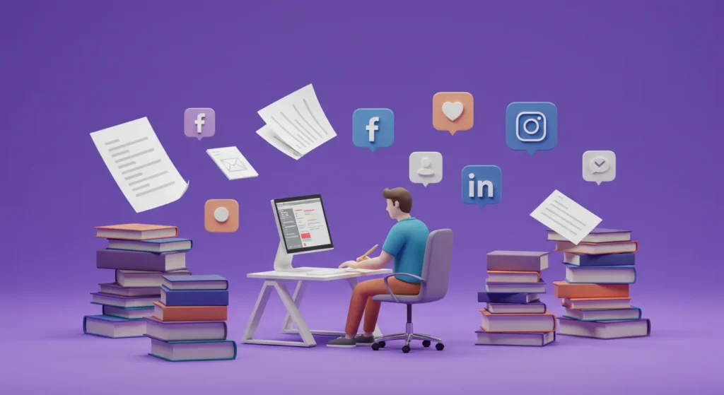 Illustration of a person working at a computer surrounded by stacks of books and floating open pages, symbolizing the process of creating and editing ebooks. The EbookMaker.AI logo is displayed at the top, with a vibrant purple background emphasizing creativity and digital innovation.