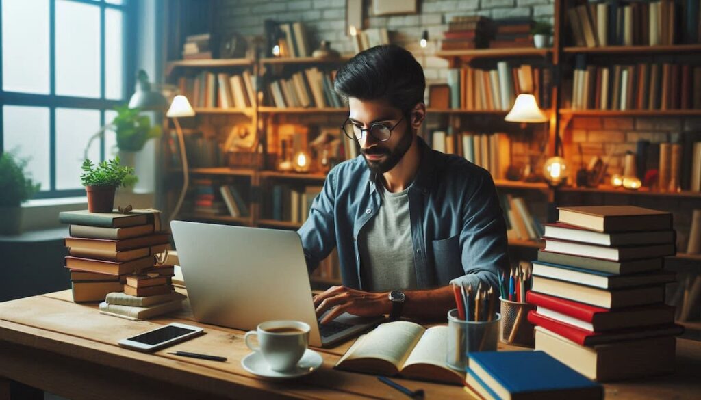 ilustração de homem concentrado usando notebook em escritório para desenvolver produto digital