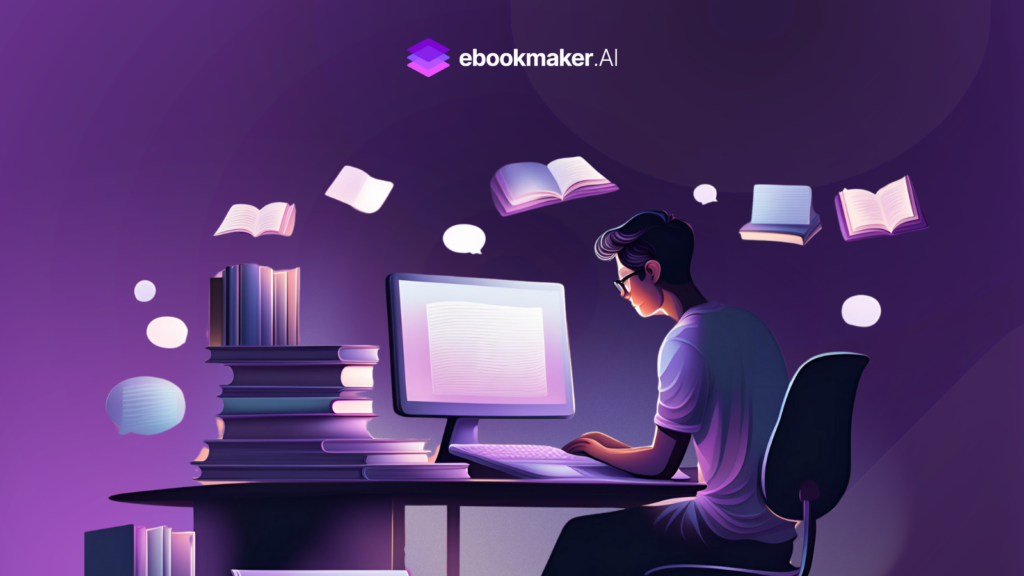 Illustration of a person working at a computer surrounded by stacks of books and floating open pages, symbolizing the process of creating and editing ebooks. The EbookMaker.AI logo is displayed at the top, with a vibrant purple background emphasizing creativity and digital innovation.