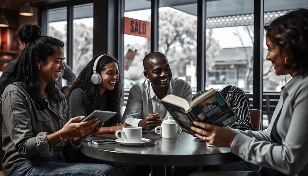 4 pessoas sentadas ao redor de uma mesa rindo e lendo em diversos formatos: livro, ebook e audiobook