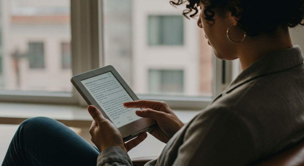 A woman reading an e-book on an electronic device while relaxing on a sofa near the window, enjoying a good read in a modern environment.