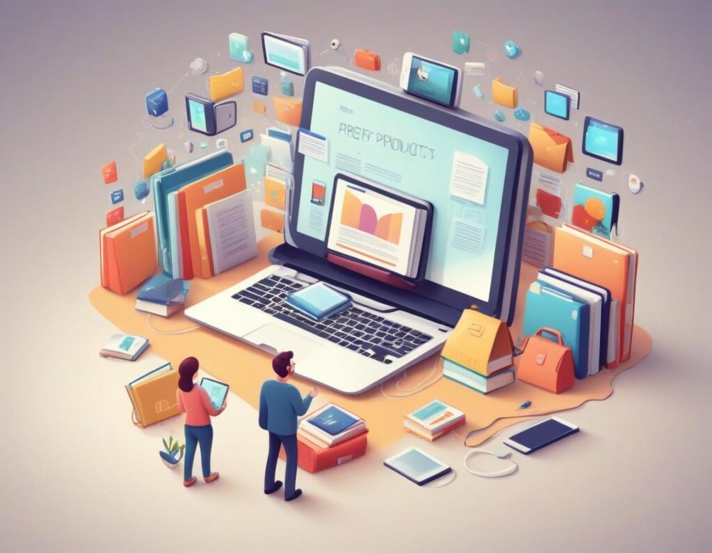 An illustration of a large laptop surrounded by colorful books, folders, and floating digital devices. Two cartoon-style people stand in front of the laptop, interacting with tablets, symbolizing digital content creation, e-learning, or organization in a tech-driven environment.