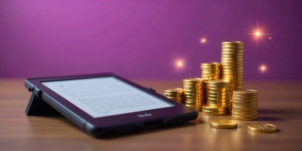 Imagem de um e-reader ao lado de pilhas de moedas douradas em um fundo roxo, simbolizando a leitura e finanças pessoais.